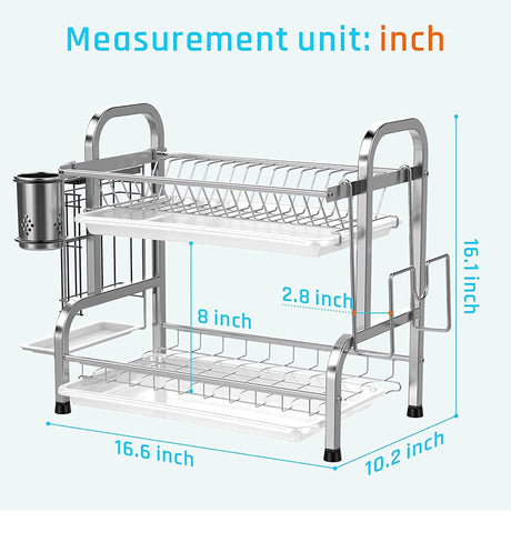 Dish Drying Rack, Haundry Stainless Steel 2-Tier Dish Rack with Utensil Holder, Cutting Board Holder and Dish Drainer for Kitchen Counter, Silver/ black
