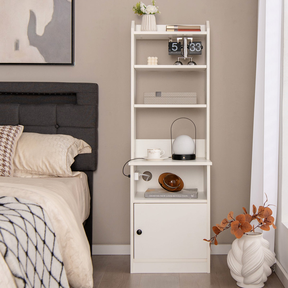 Nightstand Bedside End Side Table Bookshelf w/ Charging Station