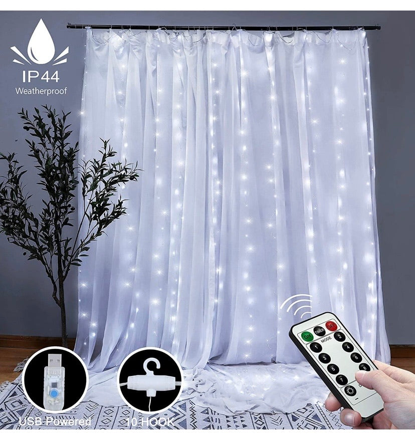 Curtain String Lights with Remote, LT 300 LEDs Window Curtain Fairy Lights 8 Modes 9.8ftx9.8ft USB Powered Fairy Lights for Party Bedroom Wall, Christmas Wedding Party Home Garden Outdoor Indoor Wall Decorations(Cool White)
