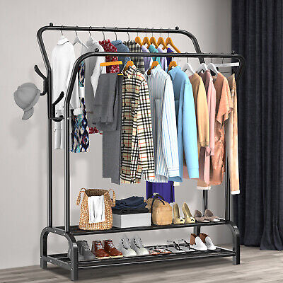 LOEFME Double-Rail Metal Garment Rack with Shoe Shelf
