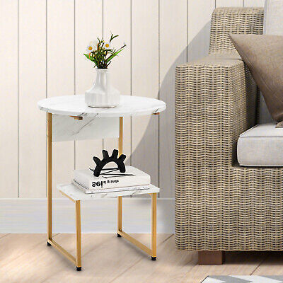2-Tier Round Wooden Side Table with Metal Frame