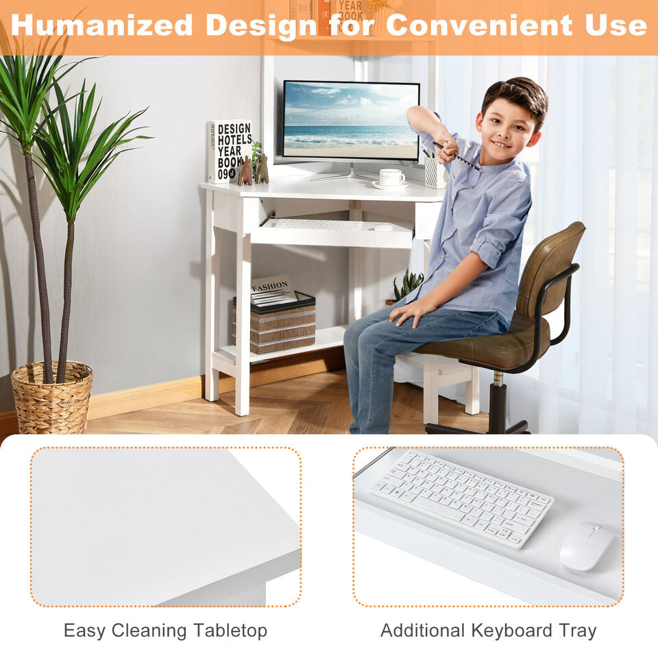 White Corner Computer Desk with Hutch & Keyboard Tray