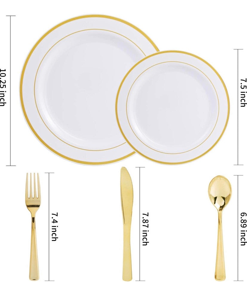 Plastic Gold Plates with Gold Plastic Silverware 60 Pcs