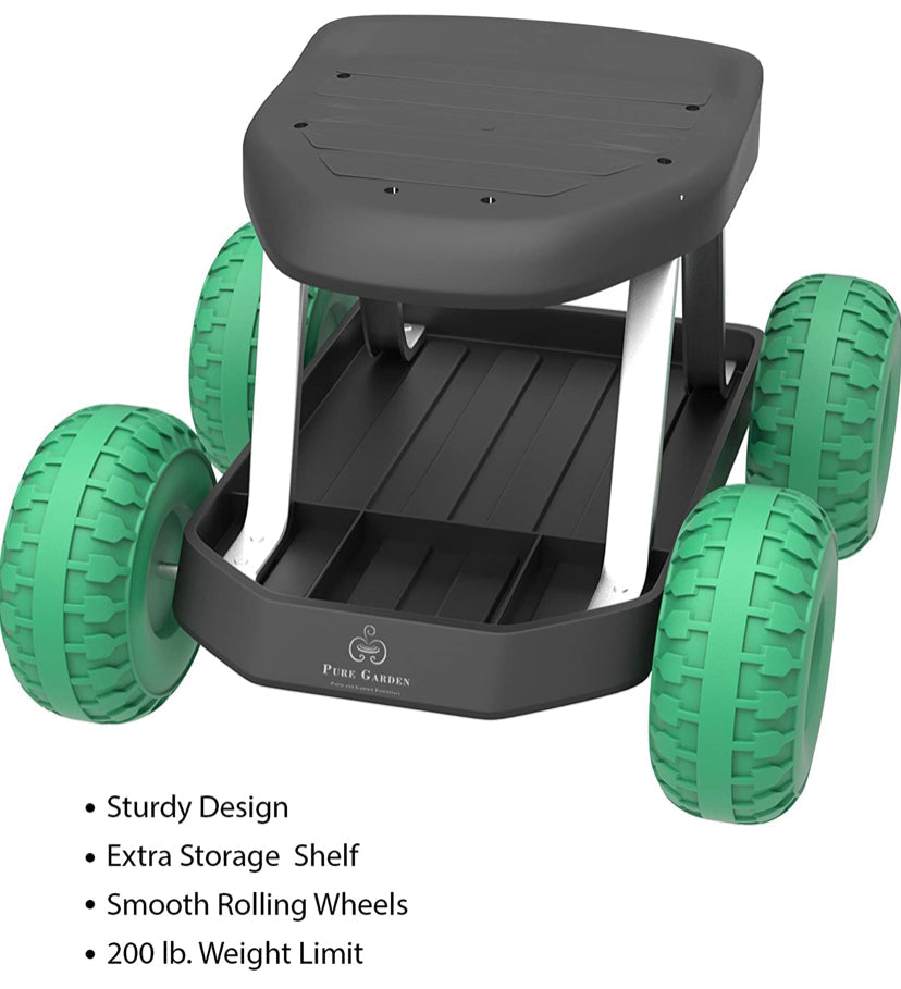Pure Garden 82-VY021 Cart Rolling Stool with Wheels Seat, and Tool Tray for Weeding, Planting, or Lawn Care – Gardening Accessories and Supplies, 17.5x19, Green/Black