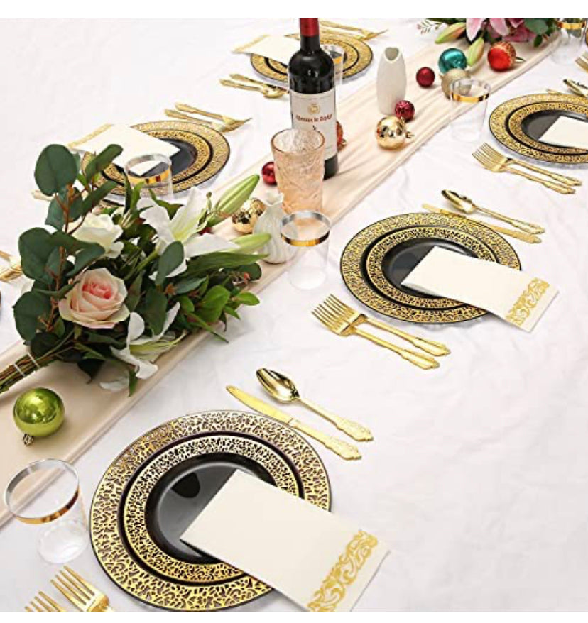 180pcs Black and Gold Plastic Plates with Gold Plastic Silverware
