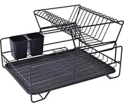 Dish Rack, Dish Drying Rack, 2 Tier Dish Rack with Utensil Holder, Cup Holder and Dish Drainer for Kitchen Counter Top (Black)