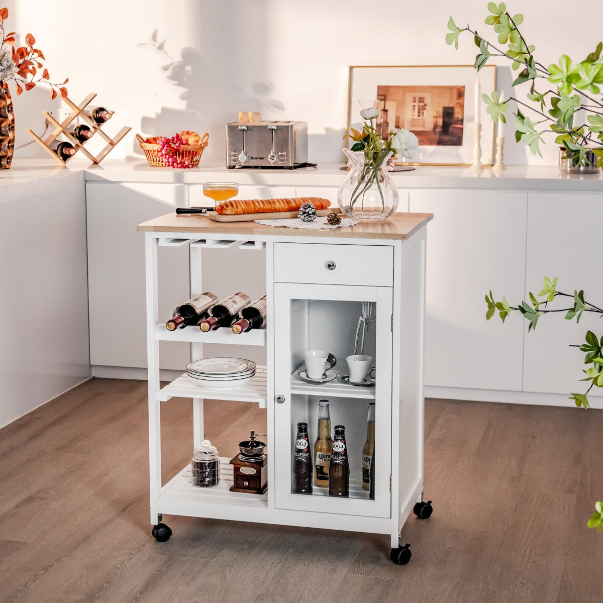 Rolling Kitchen Island with Wood Top, Cabinet & Wine Rack
