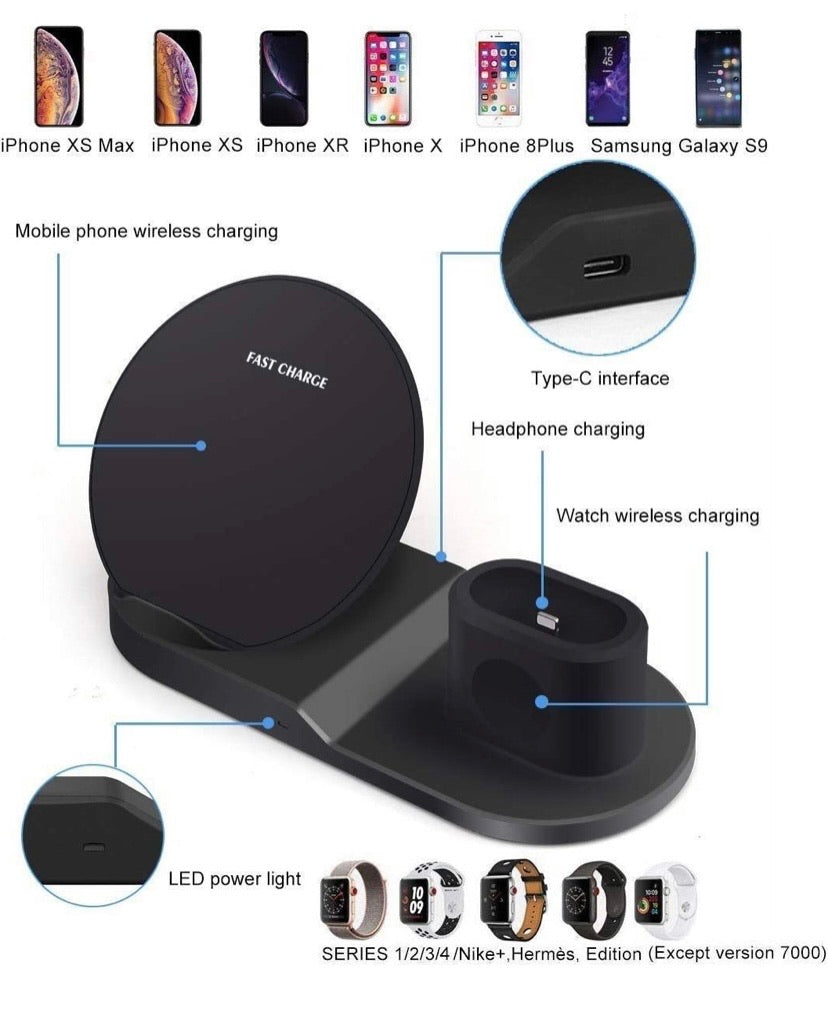 Wireless Charger, Amazer Tec 3 in 1 Charging Stand Compatible with iWatch, AirPods and iPhone 11/Xs/X Max/XR/X/8/8Plus/7/7 Plus /6S /6S Plus(Original Charger & Cables Required) (Black)
