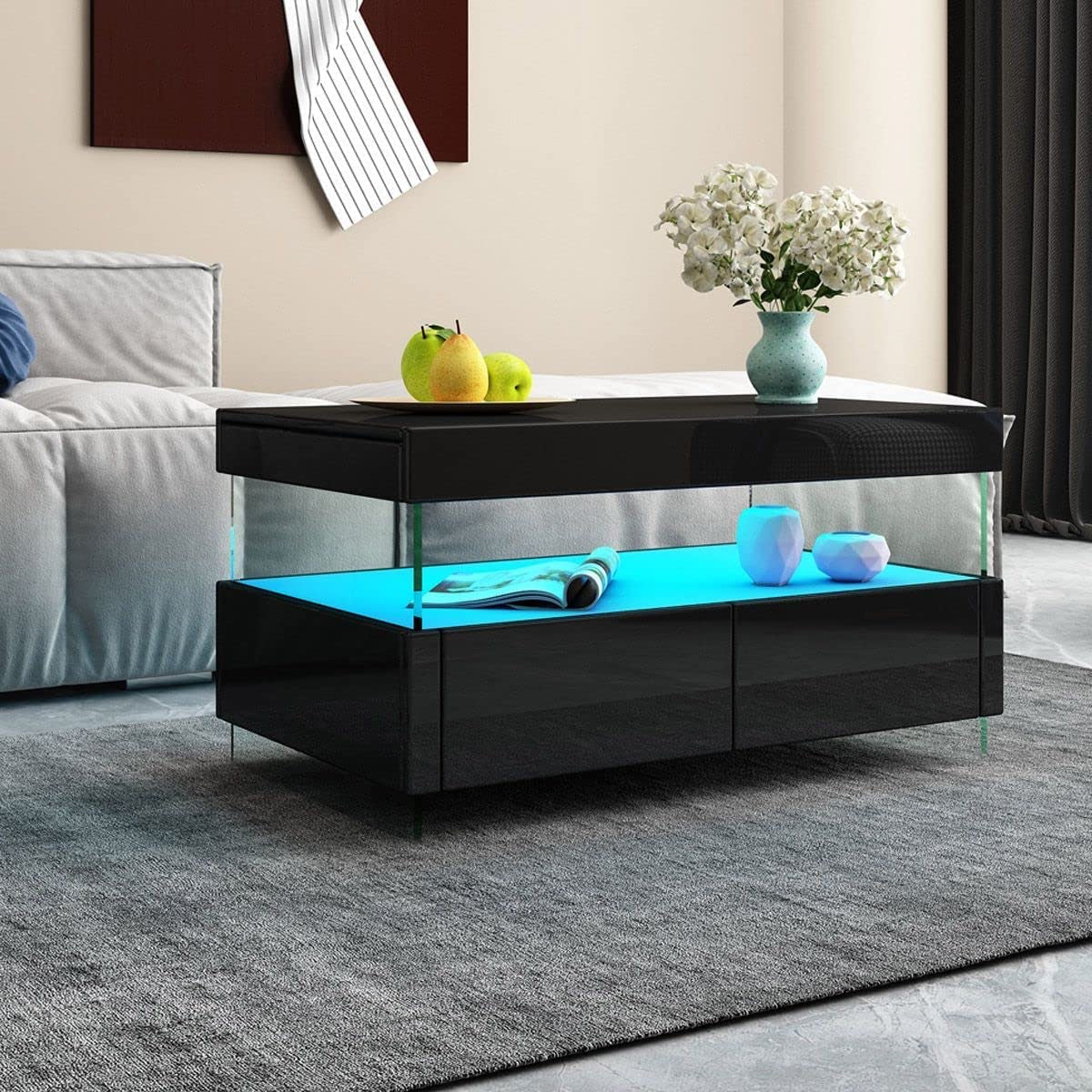 Luxsuite Coffee Table LED High Gloss Rectangle with 2 Drawers 16 LED Colours Living Room Storage Modern Furniture