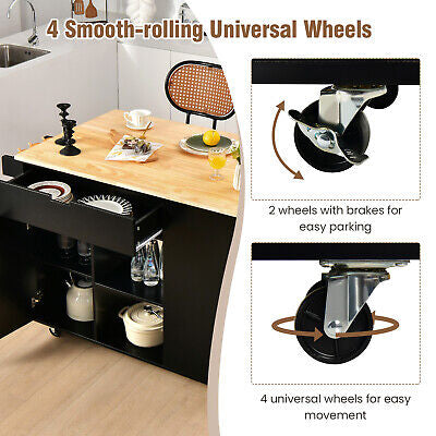 Black Drop-Leaf Rolling Kitchen Island with Cabinet