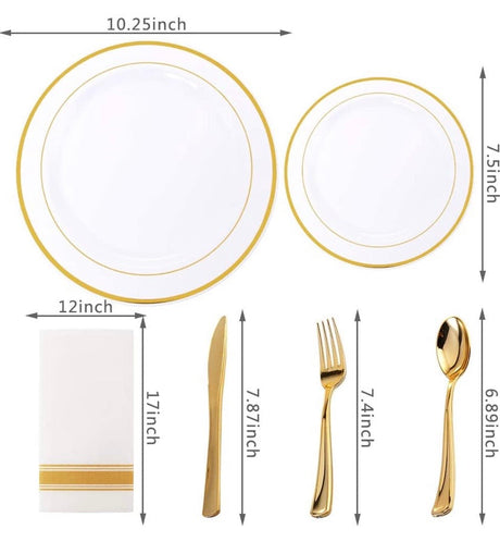 200 Pieces Disposable Dinnerware Set Include Gold Plastic Plates, Gold Plastic Silverware, Gold Plastic Cups, Linen Like Paper Napkins, Service for 25 Guests, Enjoylife (Gold)