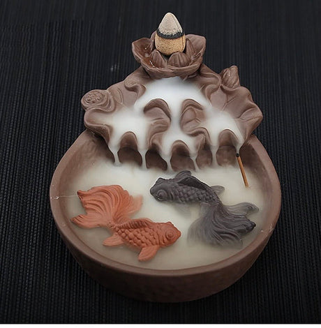 Two Fishes Ceramic Purple Clay Smoke Backflow Incense Cone Sticks Burner Holder