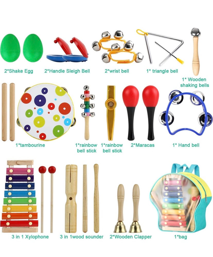 Musical Percussion Instruments, Tobeape 25 PCS Wooden Percussion Instruments Toys for Baby Kids Preschool Education, Early Learning Rhythm Instruments for Toys Girls Boys Gift with Storage Backpack