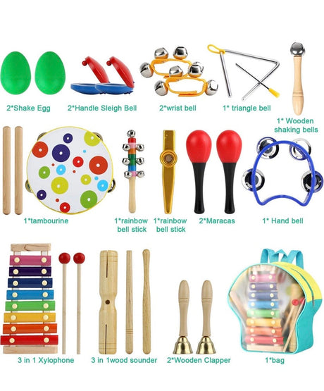 Musical Percussion Instruments, Tobeape 25 PCS Wooden Percussion Instruments Toys for Baby Kids Preschool Education, Early Learning Rhythm Instruments for Toys Girls Boys Gift with Storage Backpack
