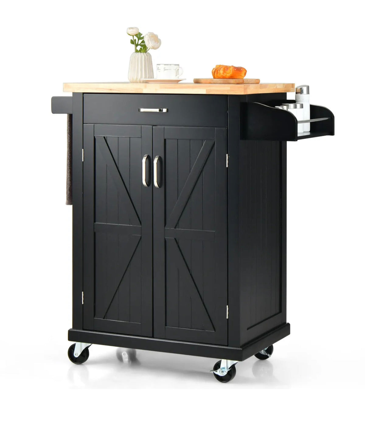 Rolling Kitchen Island with Double-Door Cabinet & Side Racks