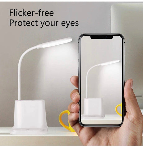 LED Desk Lamp, Xkey Rechargeable Desk Lamp with USB Charging Port & Pen Holder, 2 Color Modes & Stepless Dimming, 360° Flexible Metal Hose, Mini Cute Lamp for College Dorm Bedroom Reading (CDTD-White)