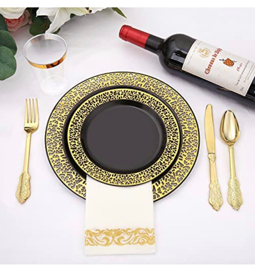 180pcs Black and Gold Plastic Plates with Gold Plastic Silverware
