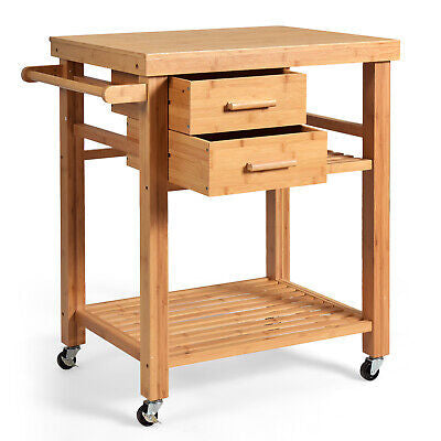 Bamboo Rolling Kitchen Island with 2 Drawers