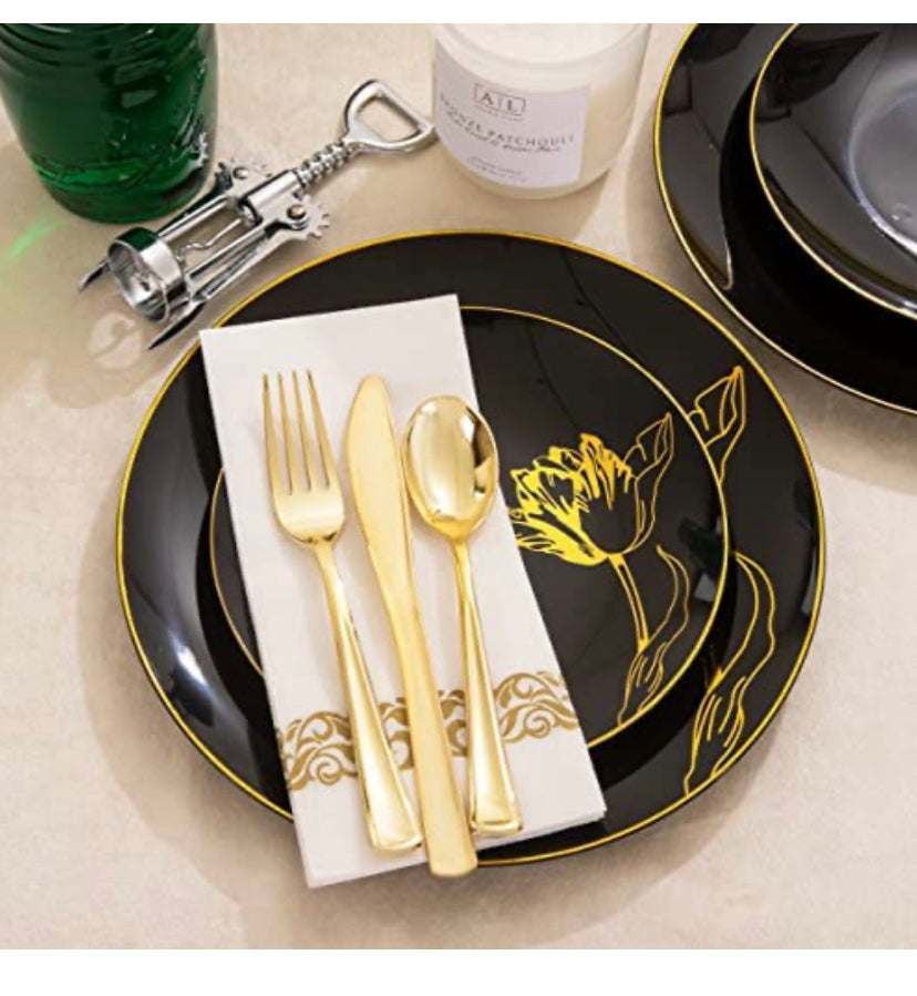 175PCS Black Plastic Plates & Gold Plastic Silverware