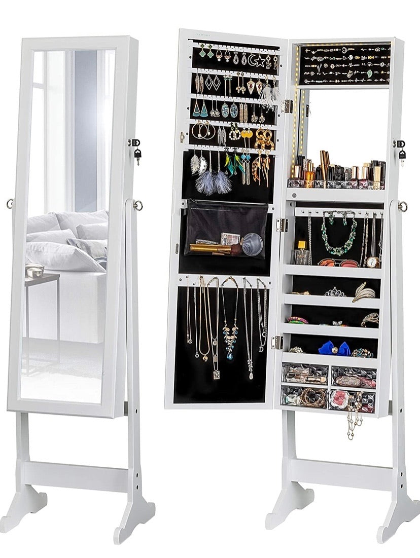 LUXFURNI Black 79-LED Standing Mirror Jewellery Cabinet