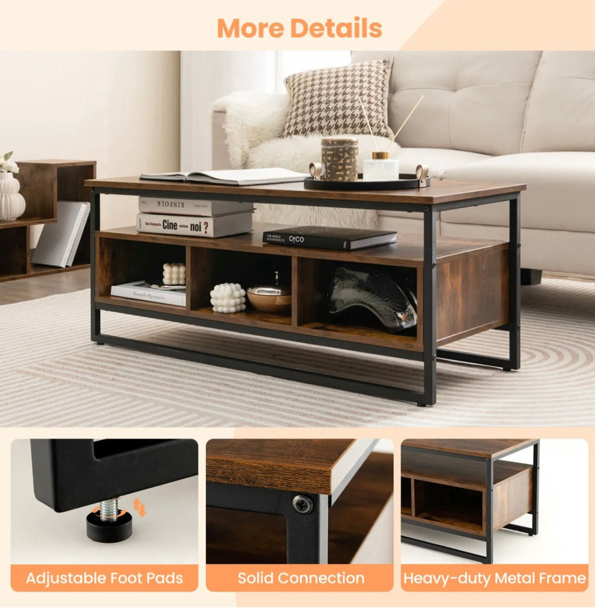 Industrial Coffee Table with Storage – Rustic Brown