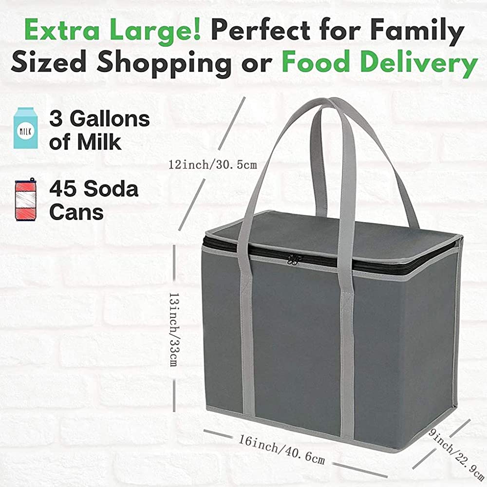 Set of 2 XL Insulated Grocery Bags with Zipper Closure Heavy Duty Foldable Insulated Shopping Bags for Groceries & Reusable Zipper Insulated Bag for Cold/Hot Shopping & Frozen Food Transport Delivery
