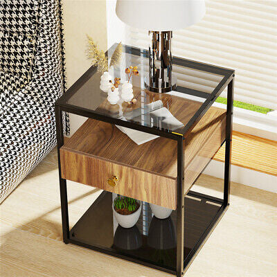 Modern Glass Bedside Table with Drawer & Lower Shelf