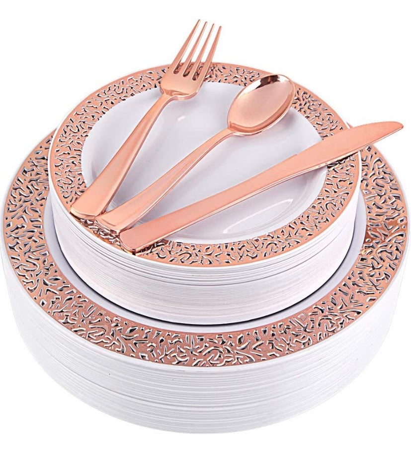 150pcs Rose Gold Plates, Rose Gold Plastic Silverware, Party Plates with Rose Gold Rim, Lace Plastic Plates, Plastic Flatware for Wedding, Enjoylife(Rose Gold 150) (Rose Gold)