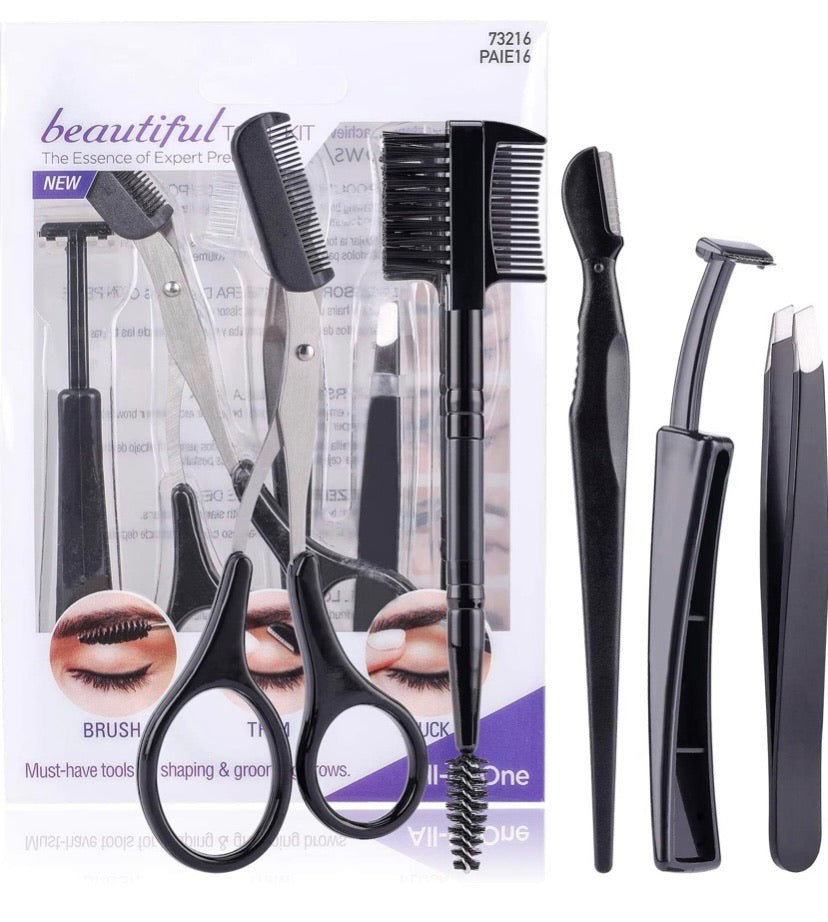 5-Piece Eyebrow Grooming Set with Razors, Tweezers, Scissors & Brush