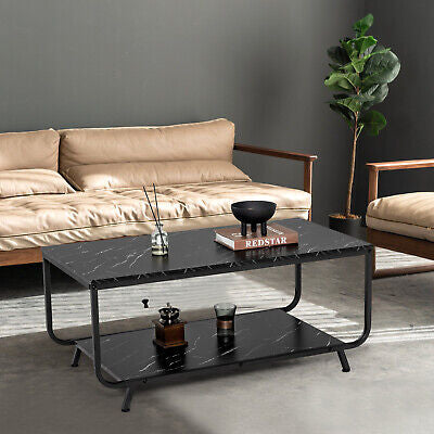 2-Tier Faux-Marble Coffee Table with Metal Frame