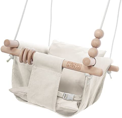 Monkey & Mouse Secure Canvas and Wooden Hanging Swing Seat Chair with a Baby, Infant, Toddler, Kids Toys - Indoor and Outdoor Hammock, for Tree Swings or Backyard Outside Swing Set Use for Infants