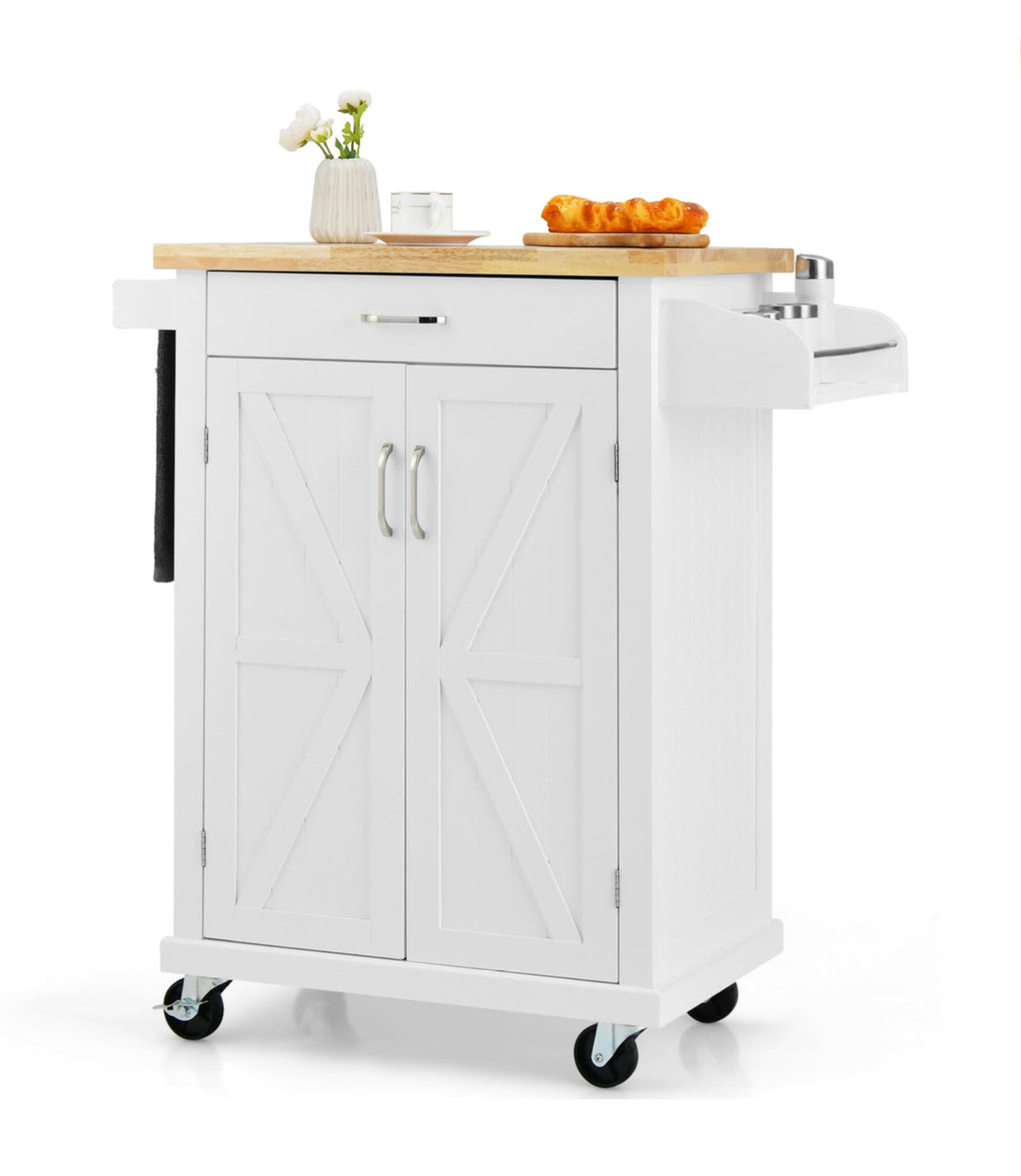 Rolling Kitchen Island with Double-Door Cabinet & Side Racks