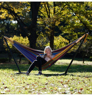Double Cotton Hammock with Space Saving Steel Stand, Tropical (450 lb Capacity- Premium Carry Bag Included), Tropical with Charcoal Frame, 2 Person