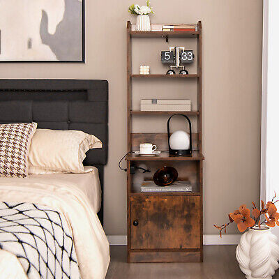 Nightstand Bedside End Side Table Bookshelf w/ Charging Station