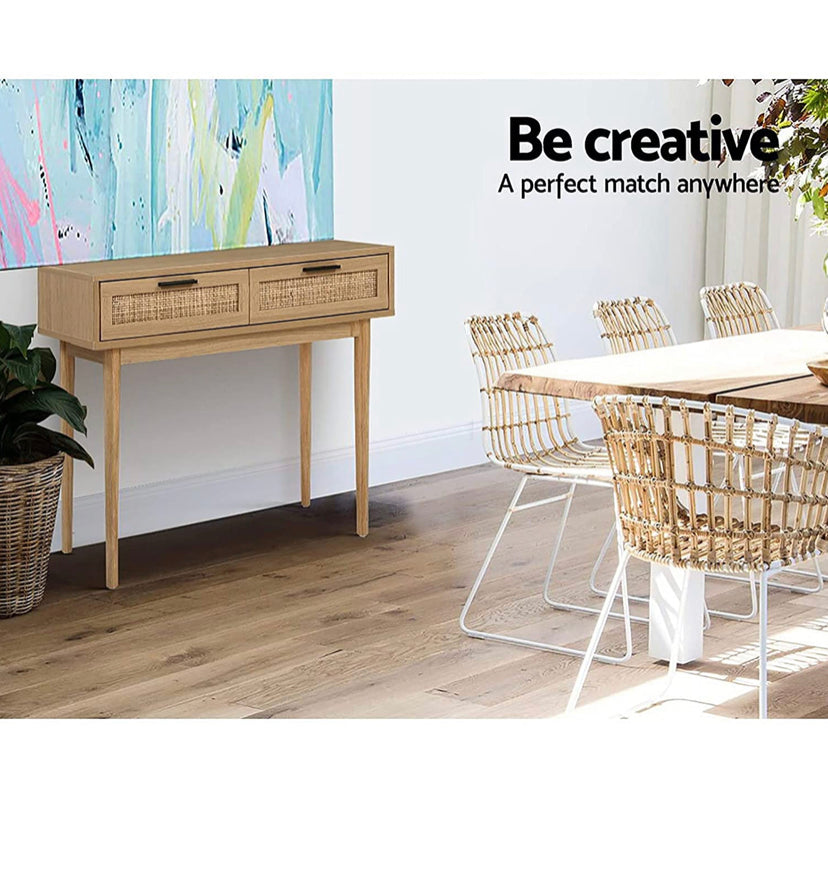 Artiss Timber & Rattan Console Table with Drawers