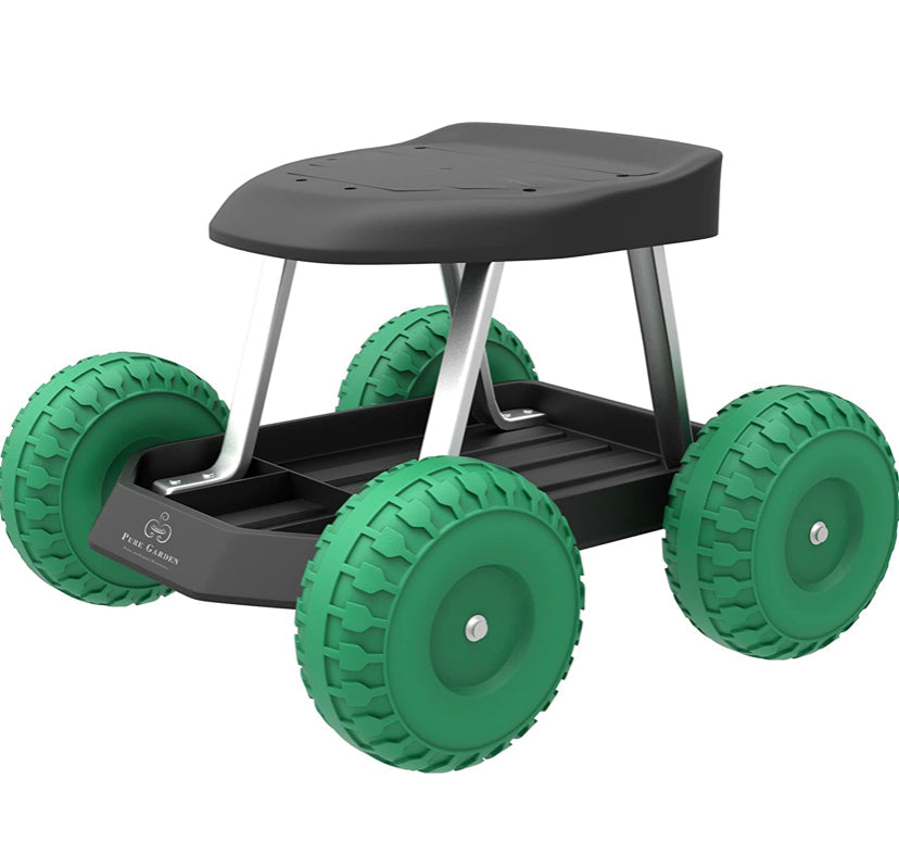 Pure Garden 82-VY021 Cart Rolling Stool with Wheels Seat, and Tool Tray for Weeding, Planting, or Lawn Care – Gardening Accessories and Supplies, 17.5x19, Green/Black