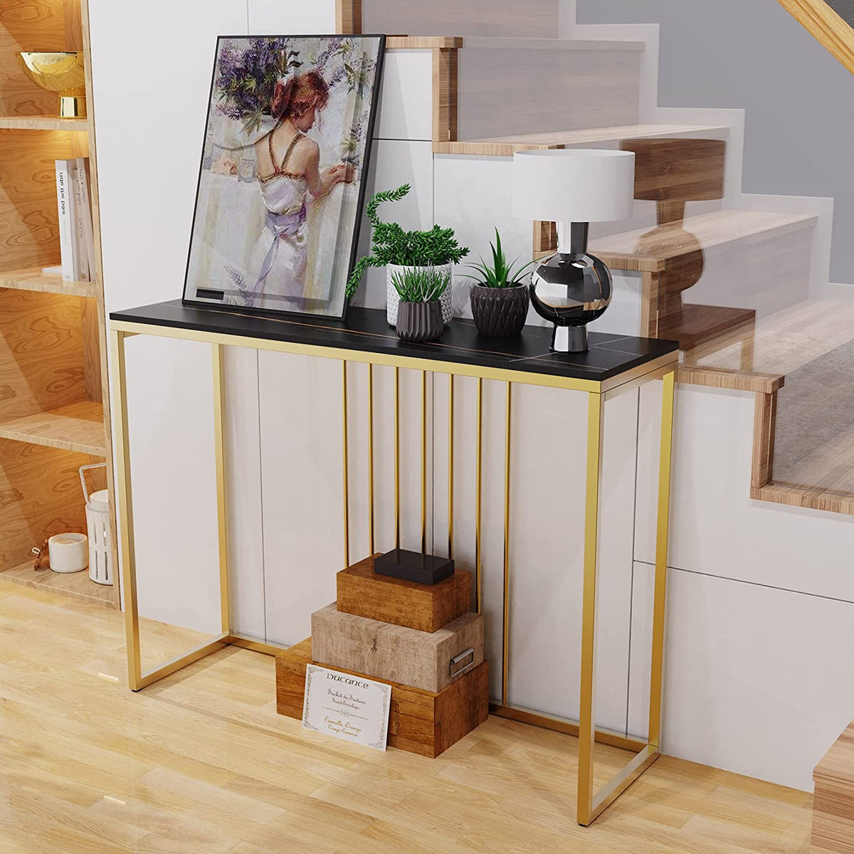 Luxury Marble Console Table Entryway Decorative Table Black Top & Gold Frame