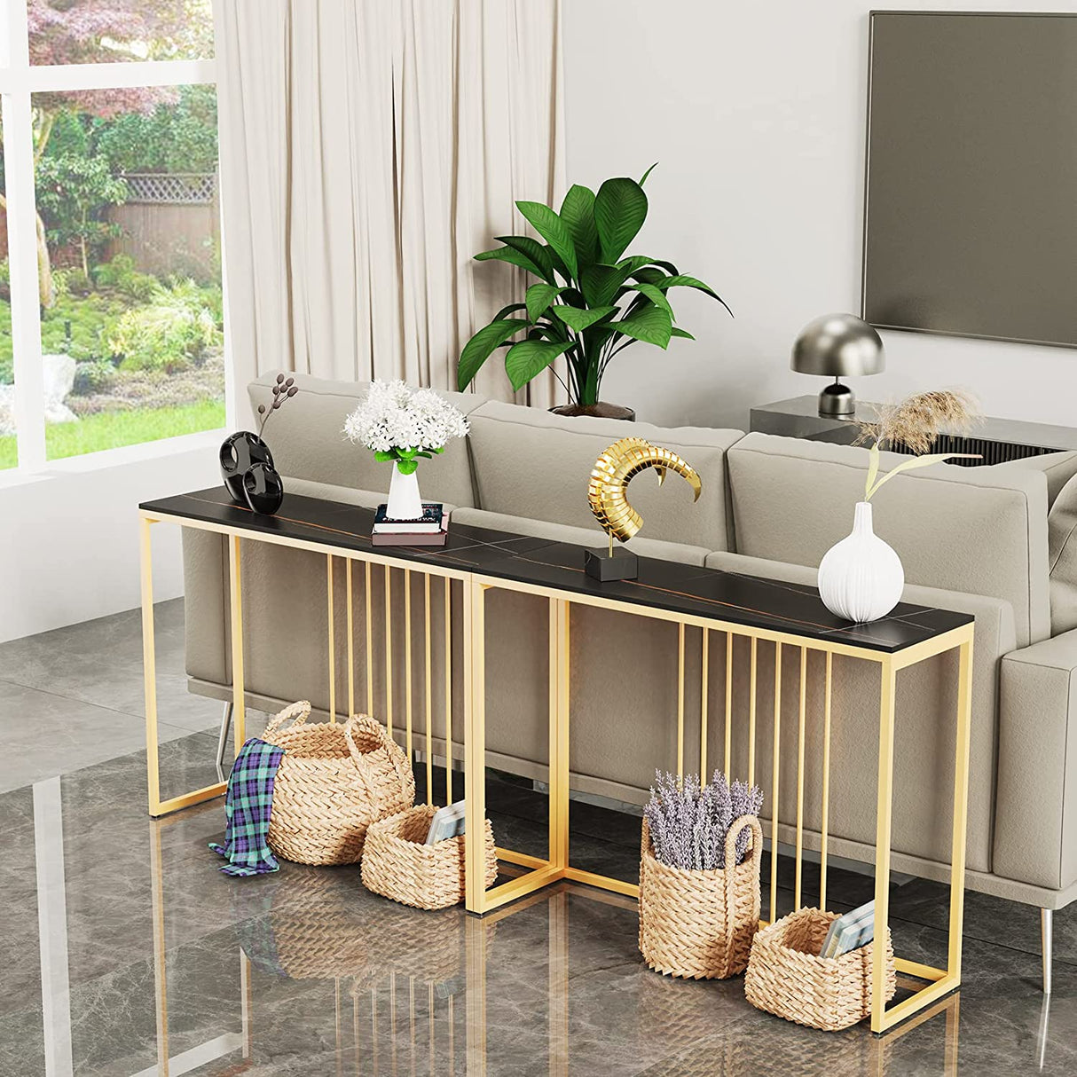 Luxury Marble Console Table Entryway Decorative Table Black Top & Gold Frame