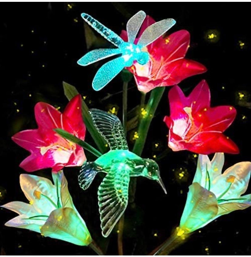 2 PCS Solar Garden Lights Outdoor, Garden Decor with 6 Lily Flower and Butterflies Combination Decorative Lights Multi-Color Changing LED Solar Stake Lights for Path, Yard, Yard Art, Yard Decorations.