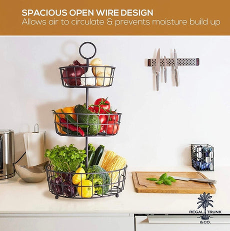 3 Tier Fruit Basket - Fresh Country Wire Basket by Regal Trunk & Co. | Three Tier Fruit Basket Stand for Storing & Organizing Vegetables, Eggs, and More | Fruit Basket for Counter or Hanging (3 Tier)