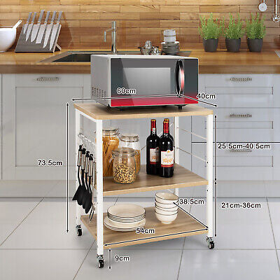 3-Tier Rolling Kitchen Storage Trolley with Hooks
