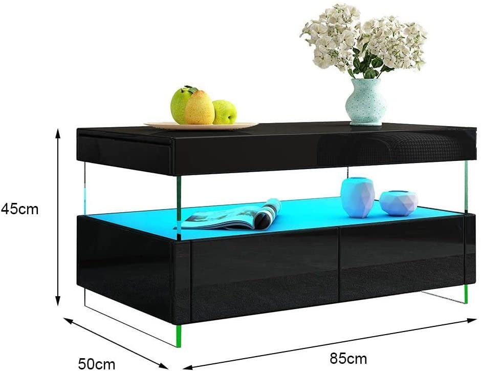 Luxsuite Coffee Table LED High Gloss Rectangle with 2 Drawers 16 LED Colours Living Room Storage Modern Furniture