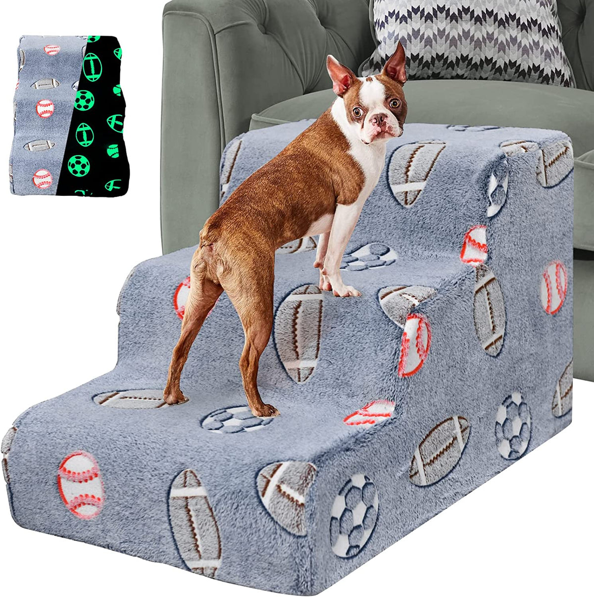 Extra-Wide Glow-in-the-Dark 3-Step Foam Pet Stairs – 60 × 40 × 40 cm