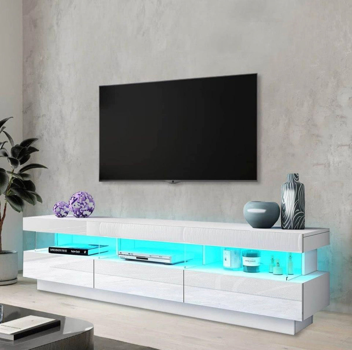 Luxsuite LED TV Stand Cabinet TV Unit Storage Entertainment Console High Gloss Front 3 Drawer