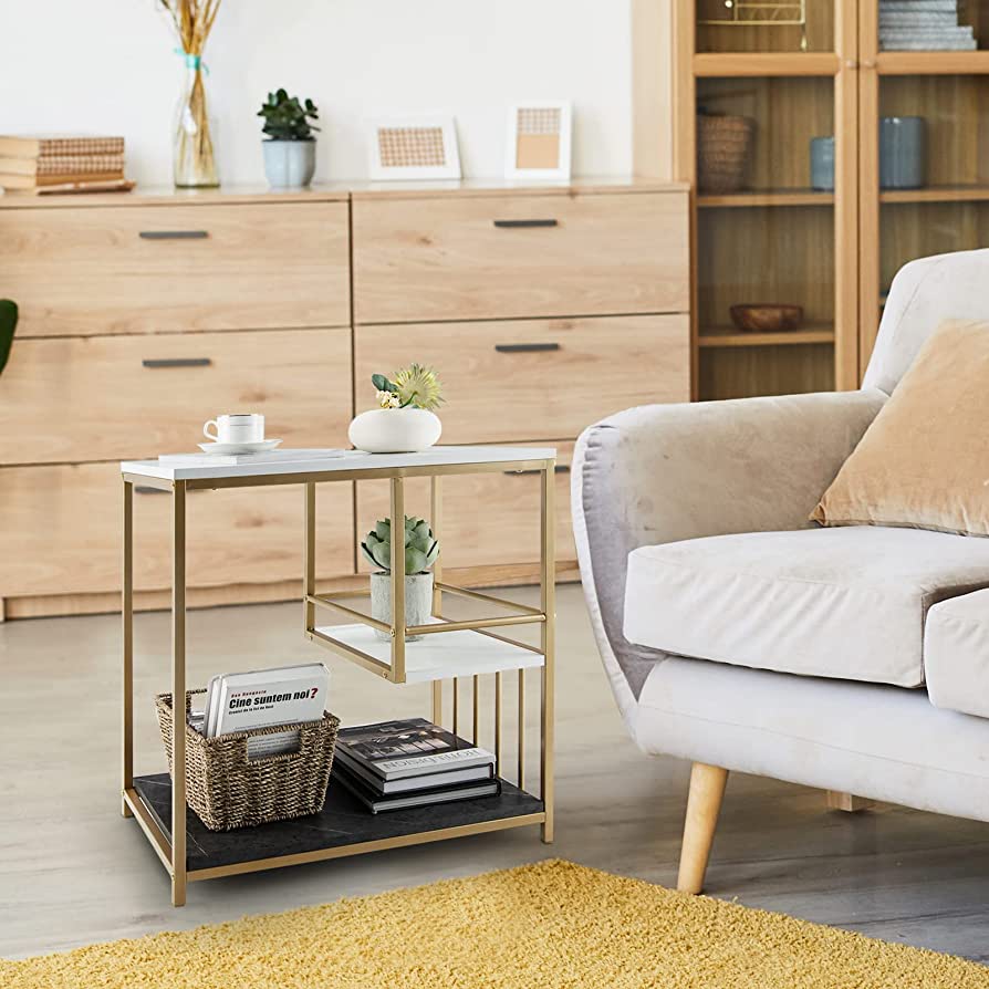 3-Tier Faux-Marble Sofa Side Table
