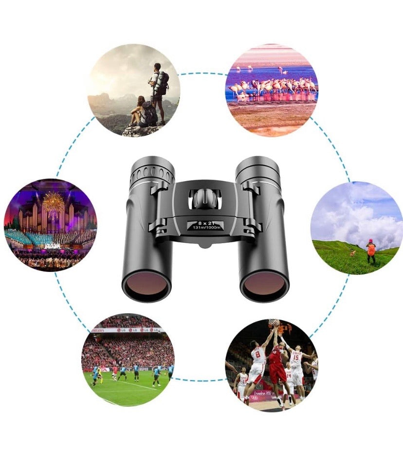 8×21 Compact Folding Binoculars with Strap & Carry Bag
