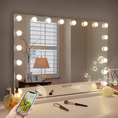 Vanity Smart Mirror with Lights Bluetooth Speaker USB Power Charging Large Hollywood Lighted Mirror with 18 Dimming LED Bulbs for Tabletop/Wall-Mounted