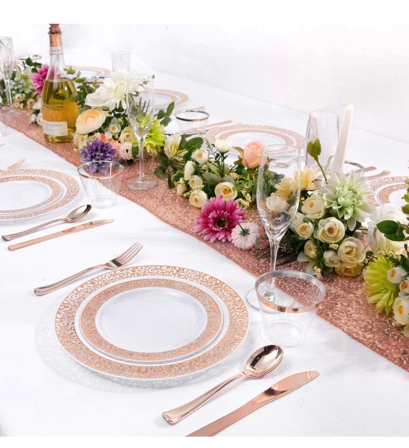 150pcs Rose Gold Plates, Rose Gold Plastic Silverware, Party Plates with Rose Gold Rim, Lace Plastic Plates, Plastic Flatware for Wedding, Enjoylife(Rose Gold 150) (Rose Gold)