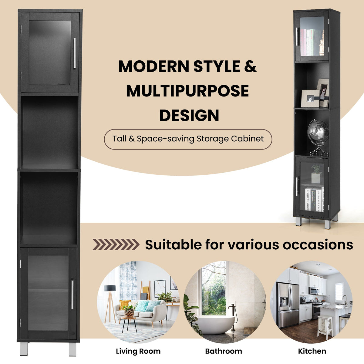 180 cm Five-Tier Tall Storage Cabinet with Glass Doors