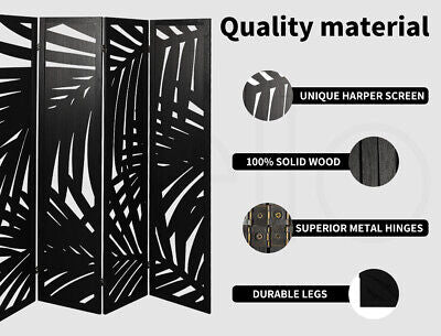 Black Paulownia-Wood 4-Panel Folding Room Divider